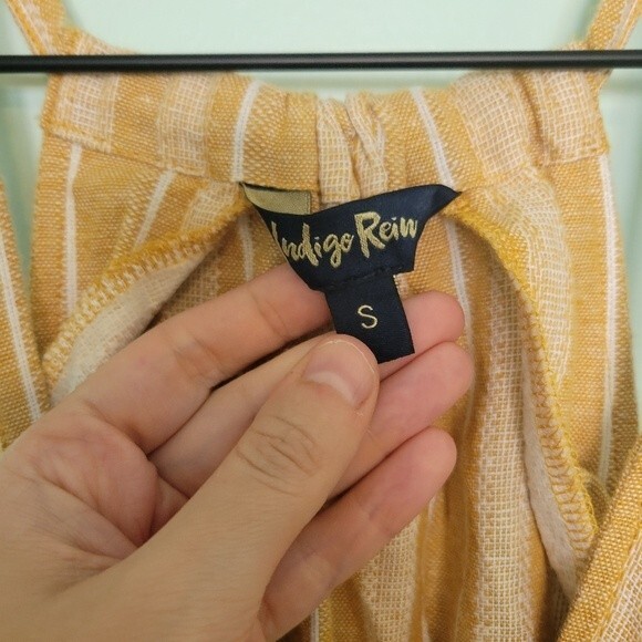 Indigo Rein Mustard Yellow Stripe Linen Blend Midi Dress Size Small - Picture 5 of 6